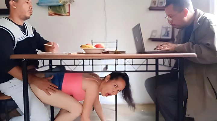 While The Husband Was Stuck In The Laptop, The Slut Wife Sat On His Friend's Cock Under The Table - A Meter From The Cuckold